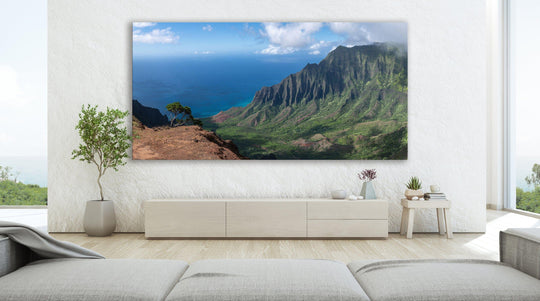 Edge of Awe | Kalalau Valley Cliffside - Living Moments Media - 3500-5500, 800-3500, Acrylic, Artwork, Best Moments, Best Sellers, black, blue, Canvas, clouds, Coast, forest, green, Hawaii, horizontal, Island, Jungle, Kauai, Metal, Moody, Mountains, Na Pali Coast, new arrivals, New Moments, ocean, open-edition, orange, over-5500, panoramic, pathway, Prints, rocks, sand, size-20-x-40, size-40-x-80, Surf, trail, Trees, Visual Artwork, Water, Waterfalls, waves, White