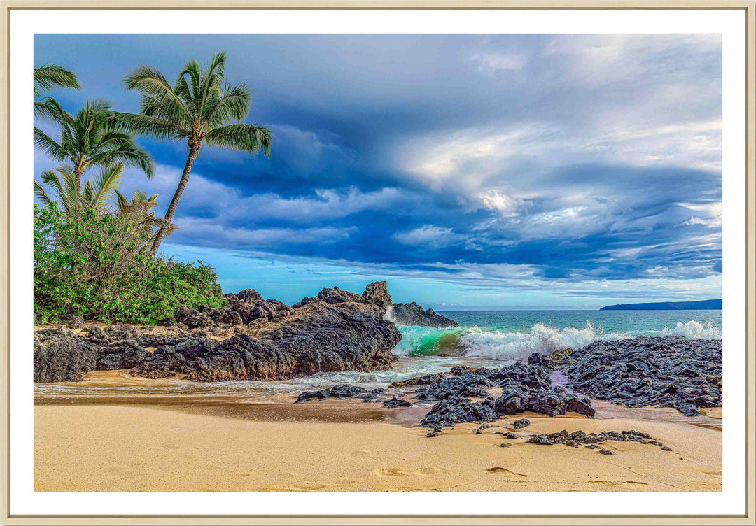 Maui Secrets - Living Moments Media - 3500-5500, 800-3500, beach, Best Wall Artwork, black, blue, clouds, green, Hawaii, horizontal, Island, makena, maui, Maui Hawaii Fine Art Photography, Maui Hawaii Wall Art, ocean, open-edition, over-5500, Pal, Palm Trees, palm-tree, rocks, sand, size-16x-24, size-24-x-36, size-40-x-60, teal, waves, White