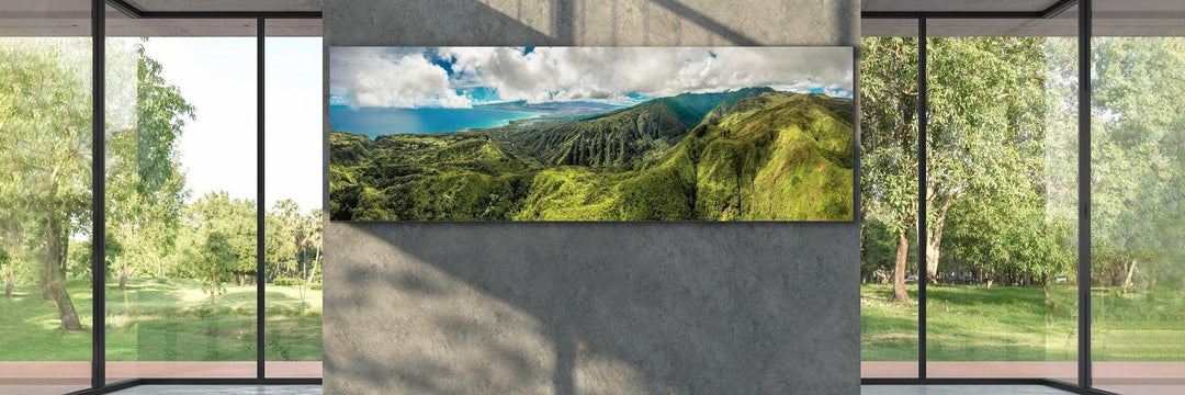 Na Ala Hele - Living Moments Media - aerial, Best Wall Artwork, blue, clouds, Exclusive, exclusive-edition, green, Hawaii, Island, maui, Maui Hawaii Fine Art Photography, Maui Hawaii Wall Art, Mountains, ocean, over-5500, size-60-x-100, teal, Waihee, Waterfalls