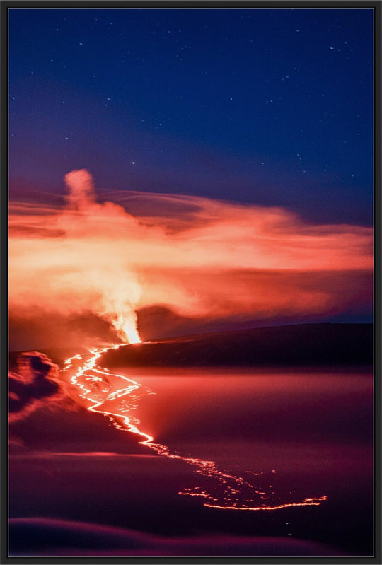 Nocturnal Inferno | Mauna Loa's 2022 Eruption - Living Moments Media - 3500-5500, 800-3500, Acrylic, Artwork, Best Wall Artwork, Big Island, black, blue, Canvas, clouds, Hawaii, Hawaii Island, Island, maui, Maui Hawaii Fine Art Photography, Maui Hawaii Wall Art, Mauna Loa, Metal, Mountains, New Moments, open-edition, orange, over-5500, Prints, Purple, size-16-x-24, size-24-x-36, size-40-x-60, Stars, Sunrise, vertical, Visual Artwork, yellow