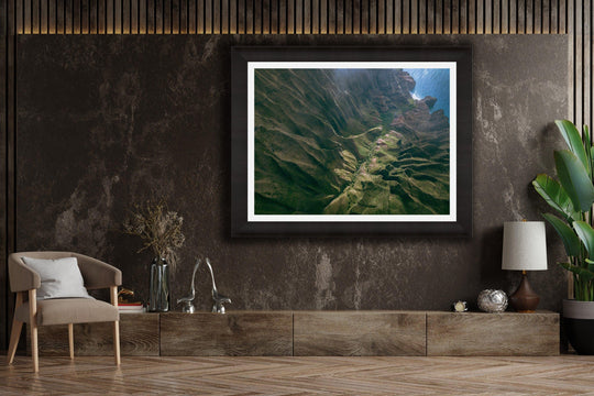 Over the Edge | Aerial Odyssey over Na Pali - Living Moments Media - 3500-5500, 800-3500, Abstract, Acrylic, aerial, Artwork, beach, Best Moments, Best Sellers, black, blue, Canvas, Coast, Cove, green, Hawaii, Helicopter, Honopu Beach, horizontal, Island, Kauai, Maui, Metal, Moody, Mountains, Na Pali Coast, new arrivals, New Moments, ocean, open-edition, over-5500, Prints, rocks, sand, size-18-x-24, size-30-x-40, size-42-x-56, Surf, trail, Trees, Visual Artwork, waves