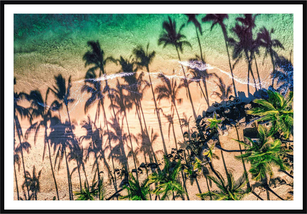Shady Palms - Living Moments Media - 3500-5500, 800-3500, beach, Best Wall Artwork, Cove, green, Hawaii, horizontal, Island, kihei, maui, Maui Hawaii Fine Art Photography, Maui Hawaii Wall Art, ocean, open-edition, over-5500, Palm Trees, palm-tree, rocks, sand, size-16x-24, size-24-x-36, size-40-x-60, teal, waves
